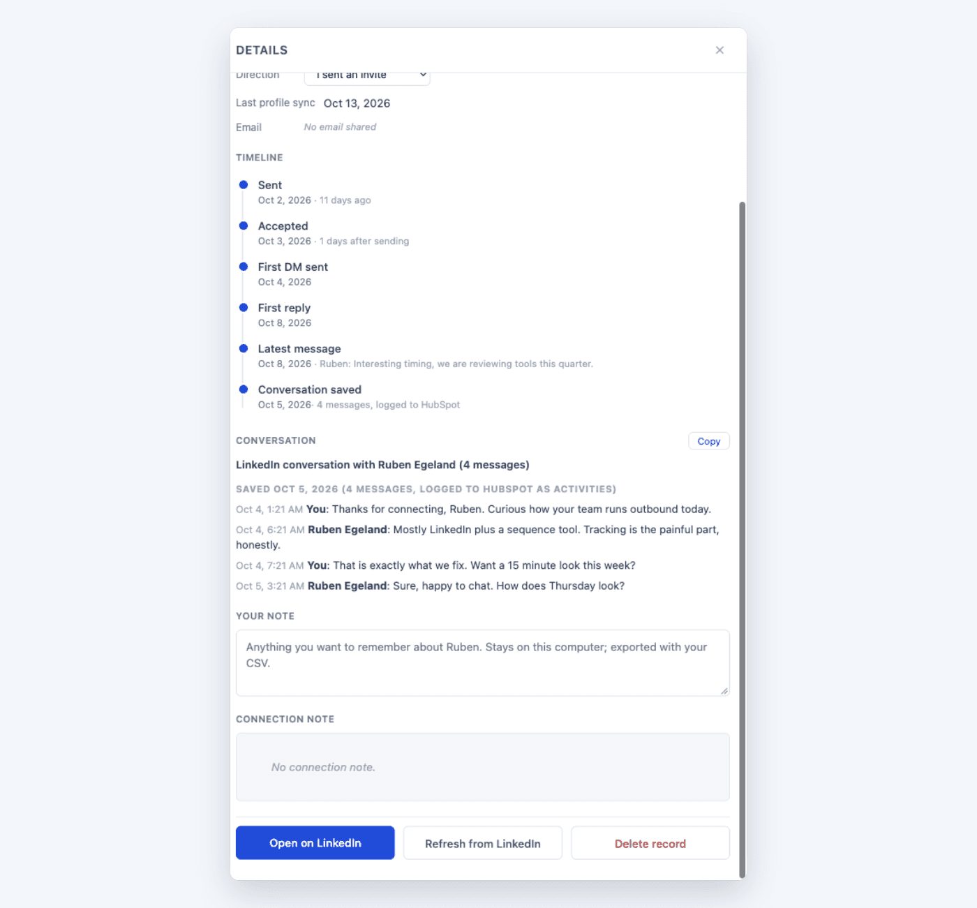 A person in Outscore with their timeline and a saved conversation, logged to HubSpot as activities
