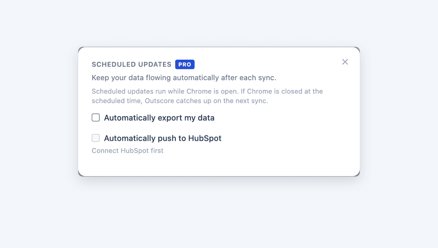 The Outscore Scheduled updates panel with automatic CSV export, webhook and HubSpot push toggles